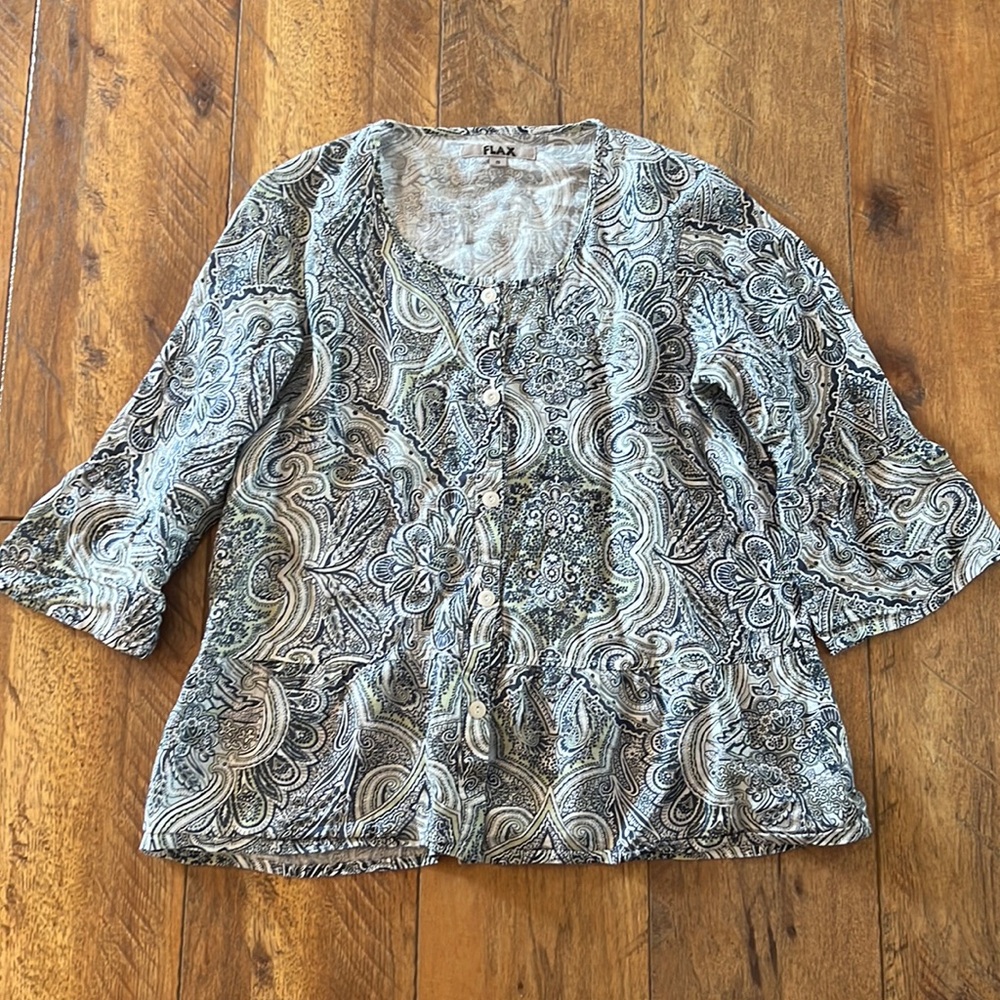 FLAX 3/4 Sleeve Small Button Down Paisley Linen